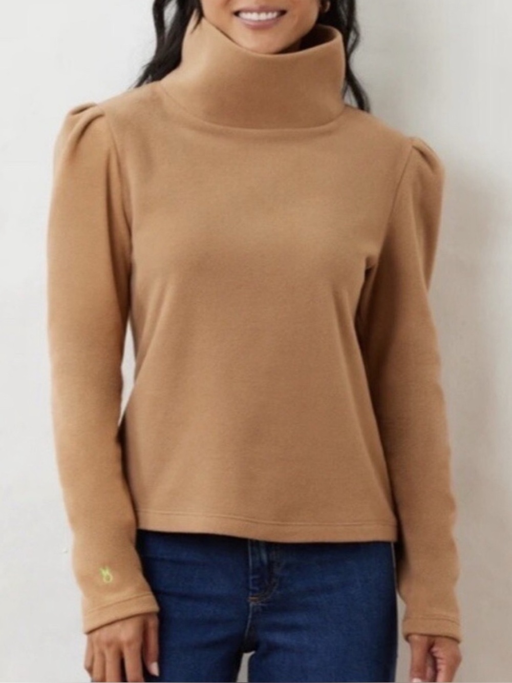 Dudley Stephens Camel Fleece Turtleneck Pullover Puff Sleeve Size M